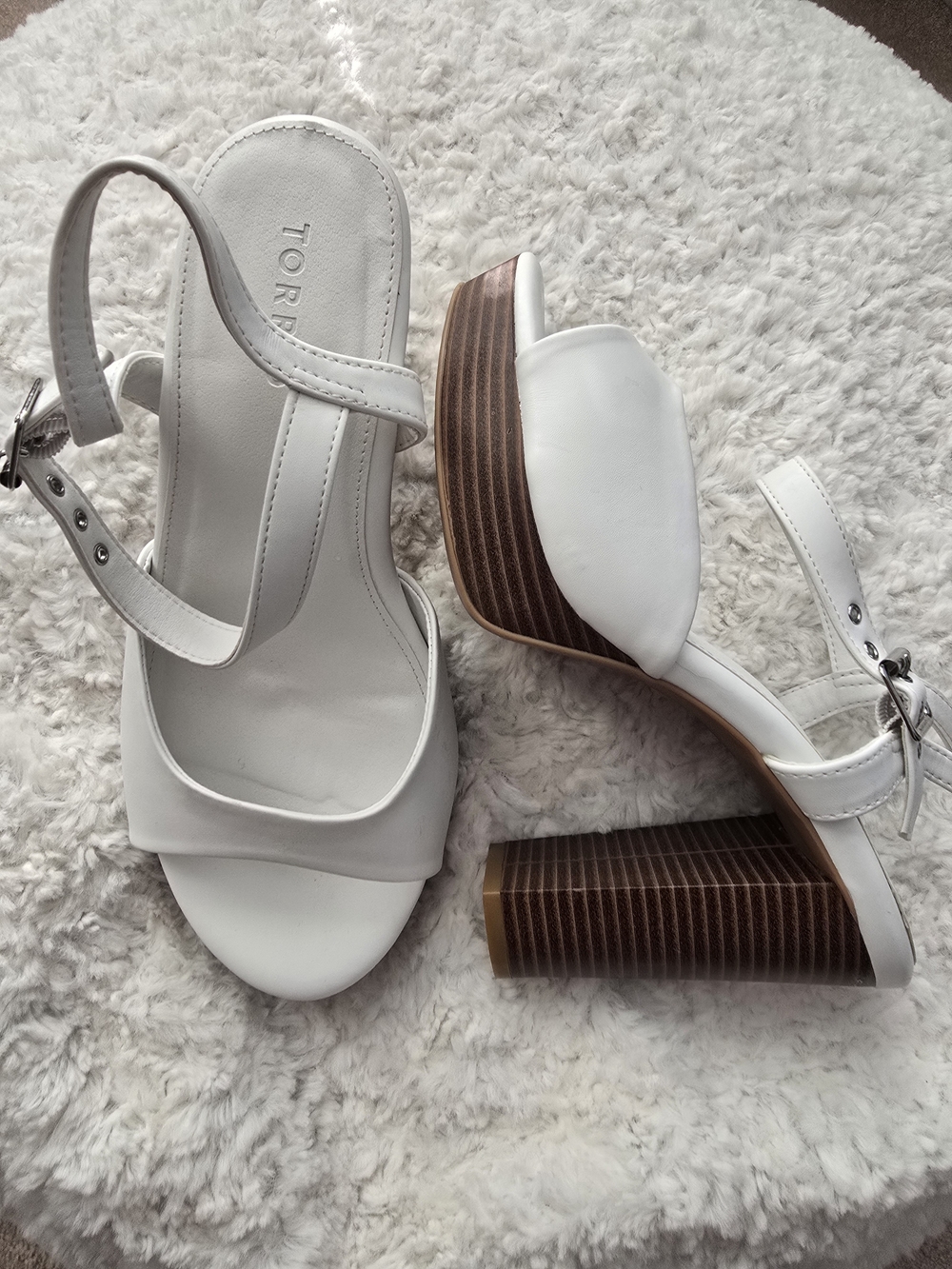 Torrid White Leather Stacked Block Heel Sandals